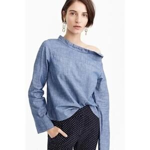 J. Crew Long Sleeve Funnel Neck Chambray Blouse Women's Size 6 Blue 100% Cotton